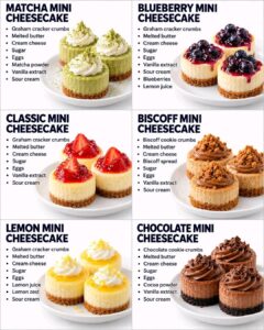 MATCHA MINI CHEESECAKES

1. Preheat the oven to 325°F (165°C) and line a muffin pan.
2. Combine the graham crumbs and melted butter. Press into the liners and bake for 5 minutes.
3. Beat the cream cheese and sugar until smooth. Add the sour cream, vanilla, and matcha, then mix in the eggs one at a time.
4. Divide over the crusts and bake for 16–20 minutes, until the centers jiggle slightly.
5. Cool completely, refrigerate for at least 4 hours, and decorate before serving.

BLUEBERRY MINI CHEESECAKES

1. Prepare and briefly bake the graham-cracker crusts at 325°F (165°C).
2. Beat the cream cheese, sugar, vanilla, and sour cream until smooth, then add the eggs individually.
3. Fill the liners and bake for 16–20 minutes.
4. Simmer the blueberries with lemon juice and a little sugar until thickened.
5. Cool the cheesecakes, refrigerate for 4 hours, and spoon the blueberry topping over them.

CLASSIC MINI CHEESECAKES

1. Press the buttered graham crumbs into lined muffin cups and bake at 325°F (165°C) for 5 minutes.
2. Beat the cream cheese and sugar until smooth. Add the sour cream and vanilla, followed by the eggs.
3. Divide the filling among the crusts.
4. Bake for 16–20 minutes and cool completely.
5. Refrigerate for at least 4 hours and add the desired fruit topping.

BISCOFF MINI CHEESECAKES

1. Combine the cookie crumbs and melted butter, press into lined muffin cups, and bake for 5 minutes at 325°F (165°C).
2. Beat the cream cheese, sugar, cookie spread, vanilla, and sour cream until smooth.
3. Mix in the eggs one at a time and divide the filling among the crusts.
4. Bake for 16–20 minutes, cool, and refrigerate for at least 4 hours.
5. Decorate with warmed cookie spread and additional crumbs.

LEMON MINI CHEESECAKES

1. Prepare the graham-cracker crusts and bake them for 5 minutes at 325°F (165°C).
2. Beat the cream cheese, sugar, sour cream, lemon juice, and lemon zest until smooth.
3. Add the eggs individually and divide the filling among the crusts.
4. Bake for 16–20 minutes, then cool completely.
5. Chill for at least 4 hours and garnish with lemon topping or zest.

CHOCOLATE MINI CHEESECAKES

1. Combine the chocolate-cookie crumbs and melted butter. Press into lined muffin cups and bake for 5 minutes at 325°F (165°C).
2. Beat the cream cheese and sugar until smooth. Add the cocoa powder, sour cream, and vanilla.
3. Mix in the eggs one at a time and fill the cups.
4. Bake for 16–20 minutes and cool completely.
5. Refrigerate for at least 4 hours before decorating.