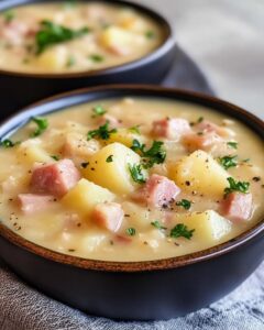 Ingredients:
​4 medium potatoes, peeled and diced  
​2 cups ham, cubed  
​1 medium onion, finely chopped
​2 cloves garlic, minced
​4 cups chicken broth
​1 cup milk or heavy cream
​2 tablespoons butter
​2 tablespoons all-purpose flour
​Salt and black pepper to taste  
​Fresh parsley for garnish  
​Instructions:
​Sauté Aromatics: Melt the butter in a large pot over medium heat. Add the onion and garlic, cooking until soft and fragrant.
​Make the Base: Stir in the flour and cook for 1 minute. Gradually pour in the chicken broth, stirring constantly to prevent lumps.
​Cook Potatoes: Add the diced potatoes to the pot. Bring to a boil, then reduce heat and simmer for 15 minutes until the potatoes are tender.
​Add Ham & Cream: Stir in the cubed ham and milk (or heavy cream). Simmer for another 5 minutes until heated through.
​Season & Serve: Season with salt and black pepper to taste. Garnish with fresh parsley and serve warm!